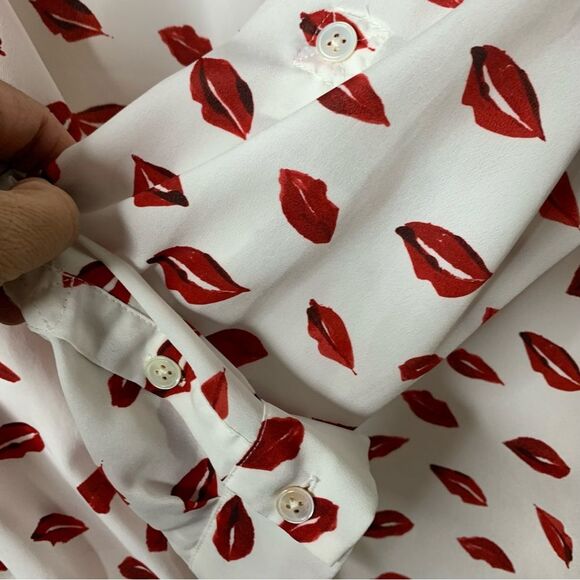 Joie Lips Top Button Up Top V-Neck Roll Tab Long Sleeve Pockets White Red Large - Picture 7 of 12